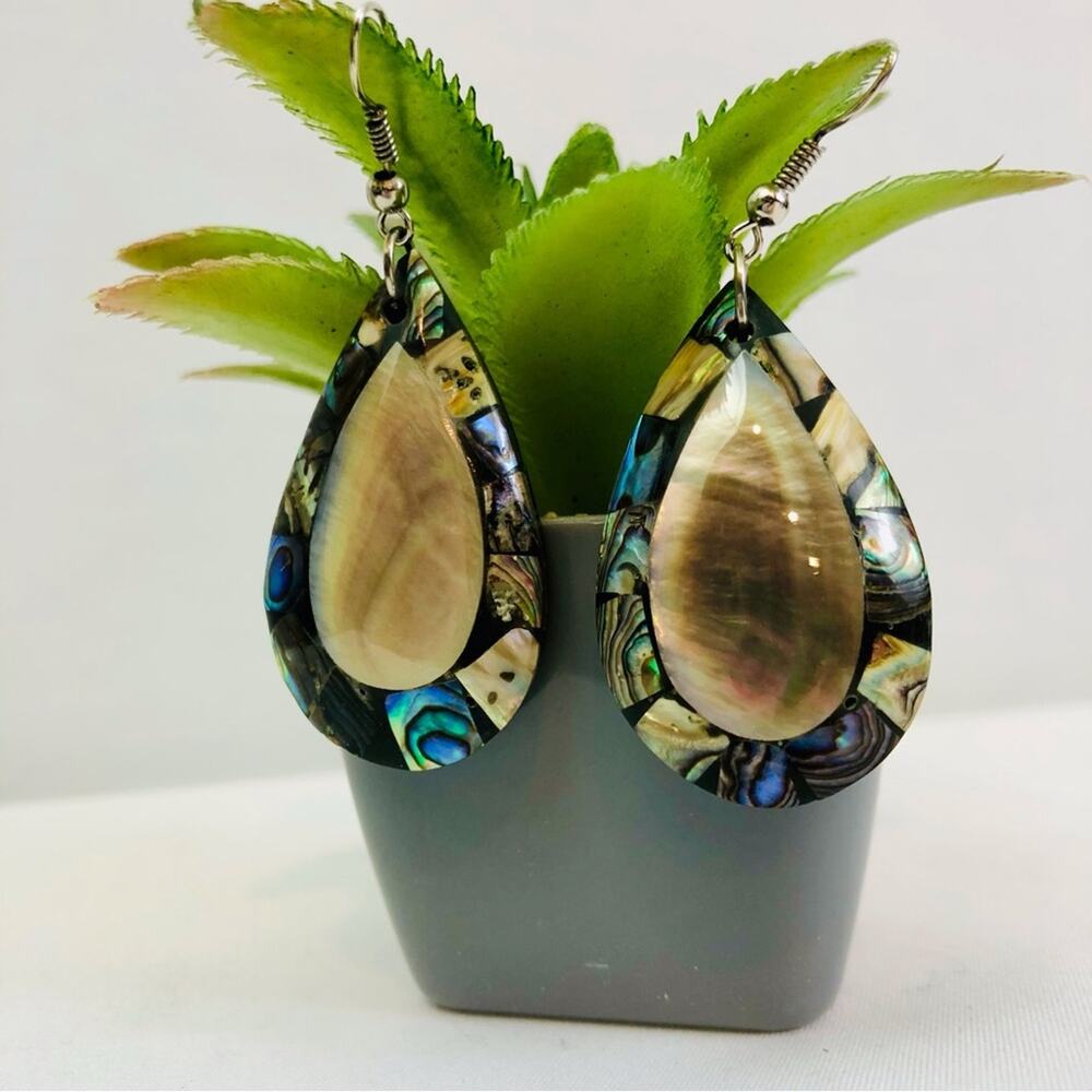 Abalone Tear Drop Shaped Earrings Beautiful Tan and Blue Black Back